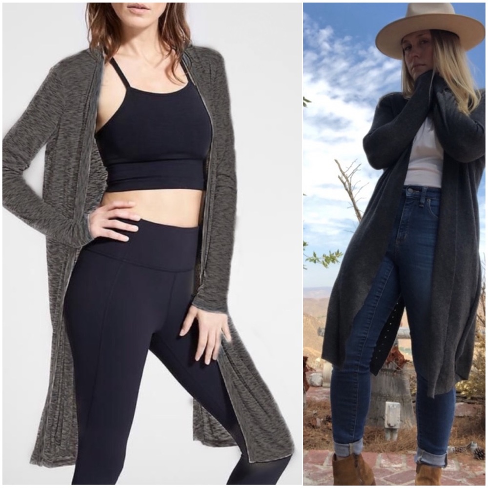 ATHLETA Camino Wrap Duster Cardigan Split Back Open Front Long Gray Grey Small S